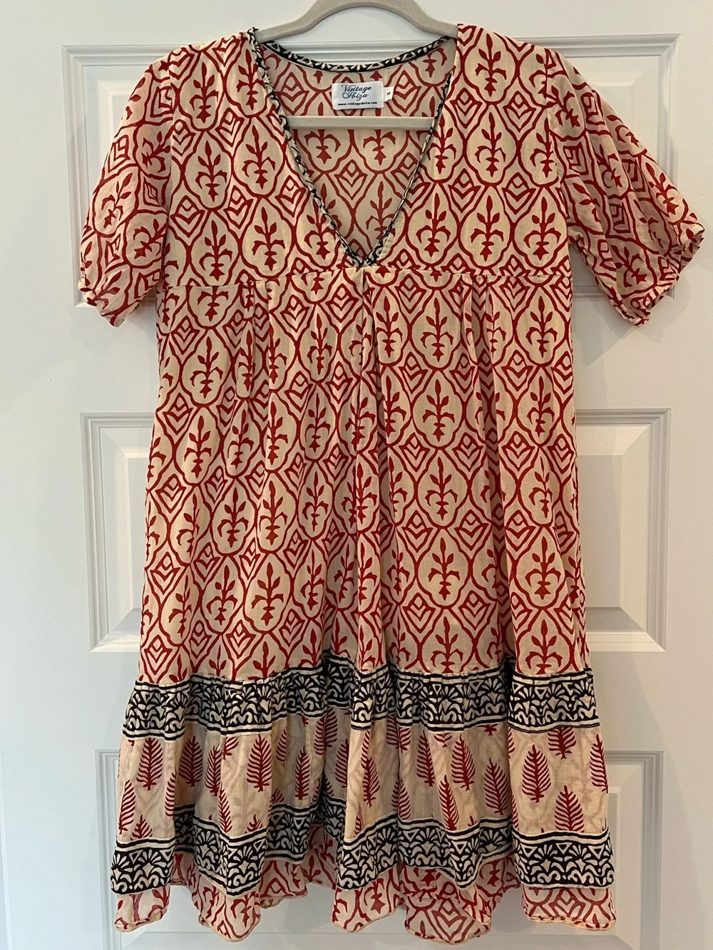 Vintage Ibiza Boho Block Print Babydoll Mini Dress Small Puff Sleeve Lined Gauze